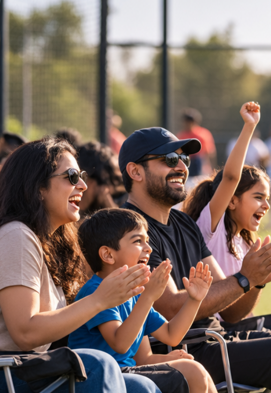 A family cheering and clapping from the sidelines